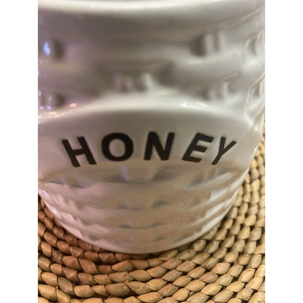 Market Finds White Ceramic Honey Pot w/ Lid & Dipper, 7.5 oz Farmhouse